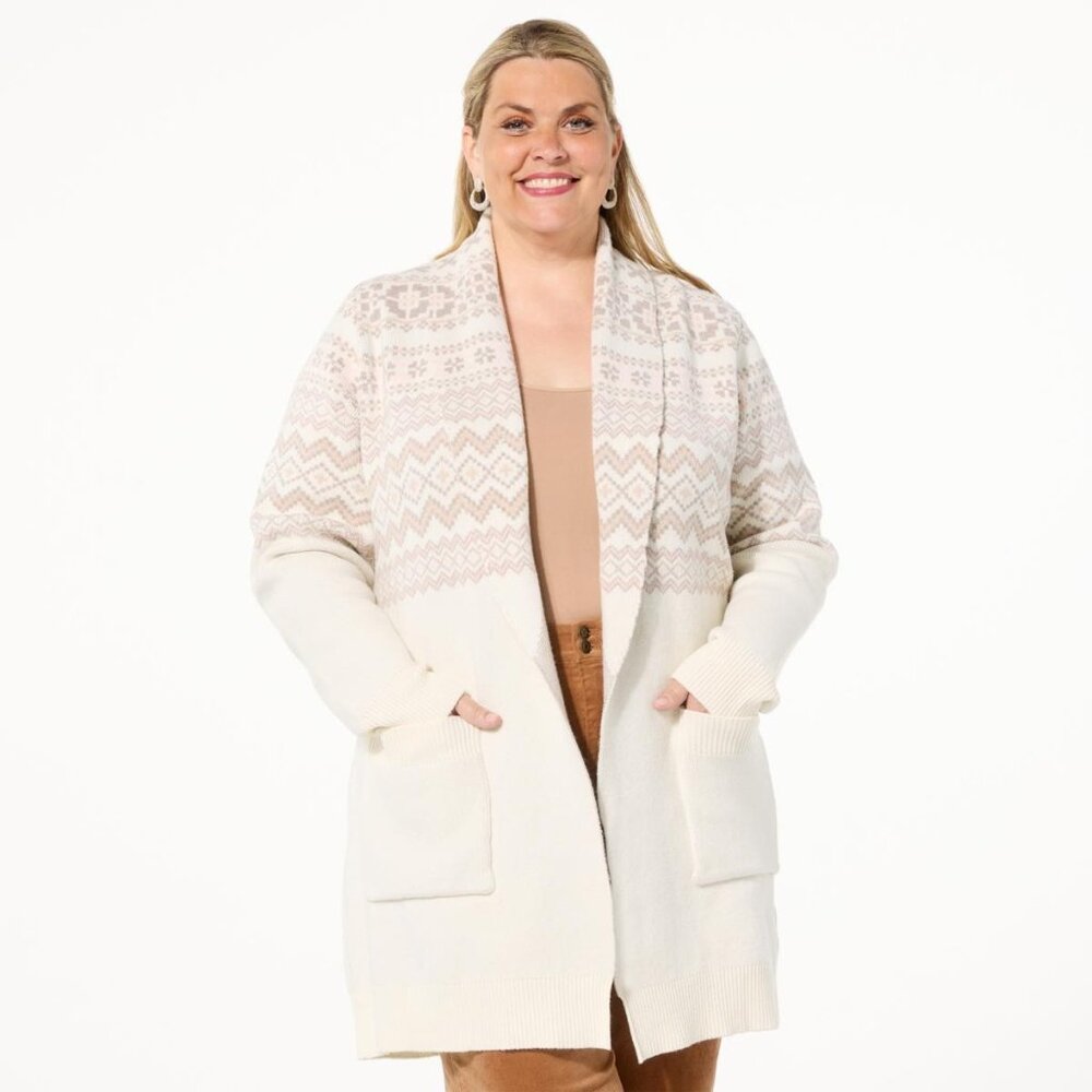 TWRHLL by Christie Brinkley Fair Isle Sweater Knit Belted Coatigan Size XL Beige